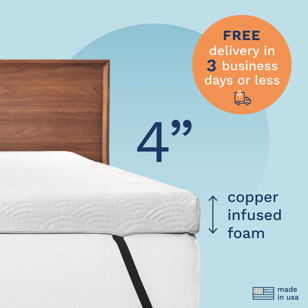FREE delivery in 3 business days or less. 4" Copper Infused Foam. Made in the USA. Photo of a 4" thick white mattress topper secured to a bed with adjustable straps. (No Script)