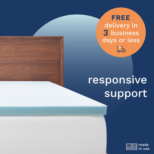 FREE delivery in 3 business days or less. Responsive support. Made in the USA. Photo of a light blue mattress topper on top of a bed. (No Script)