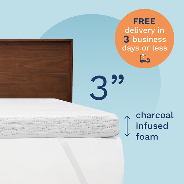 FREE delivery in 3 business days or less. 3" Charcoal Infused Foam. Photo of a 3" thick white & charcoal grey mattress topper secured to a bed with adjustable straps. (No Script)