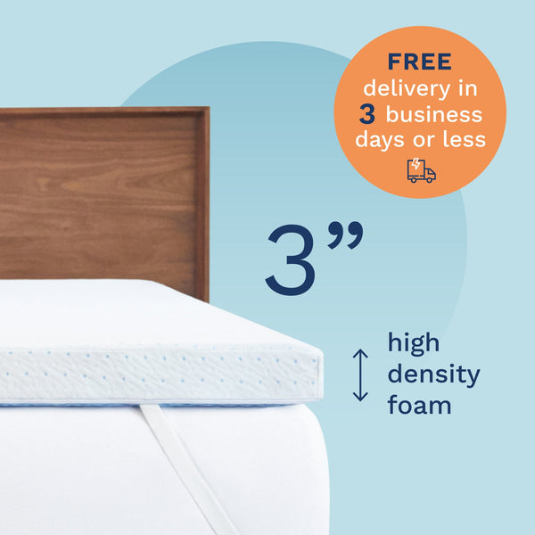 FREE delivery in 3 business days or less. 3" High Density Foam. Photo of a 3" thick white & blue mattress topper secured to a bed with adjustable straps. (No Script)