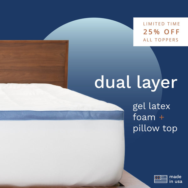 Dual layer: Gel Latex foam + pillow top mattress topper. Made in the USA. (No Script)