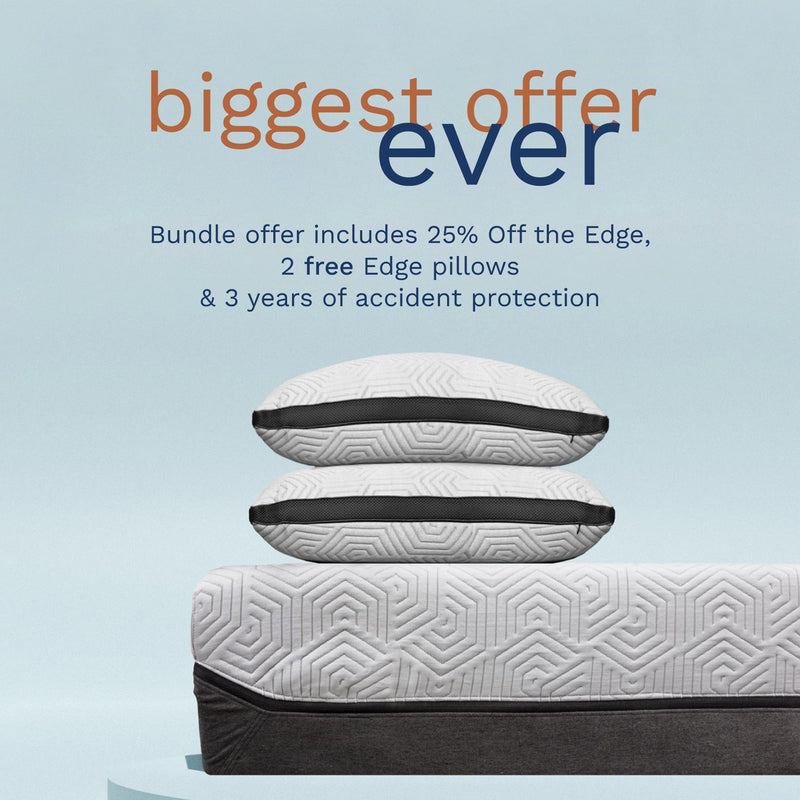 Bundle offer includes 25% off the Edge, 2 FREE Edge pillows & 3 years of accident protection